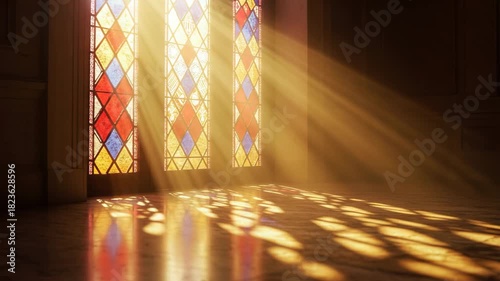 Sunlight streaming through stained glass windows onto the floor  