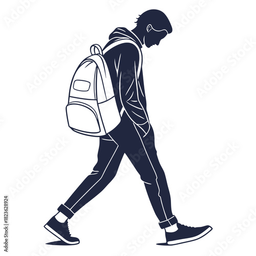 Silhouette of a young man wearing a backpack and hoodie walking with his head down conveying a sense of contemplation or introspection