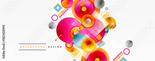 Abstract colorful design. Circles, squares, lines create dynamic composition. Modern graphic elements, bright hues, clean aesthetic.