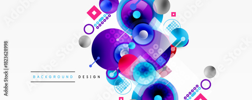Abstract colorful shapes, circles, squares create dynamic background design. Modern composition, vibrant hues, geometric patterns present.