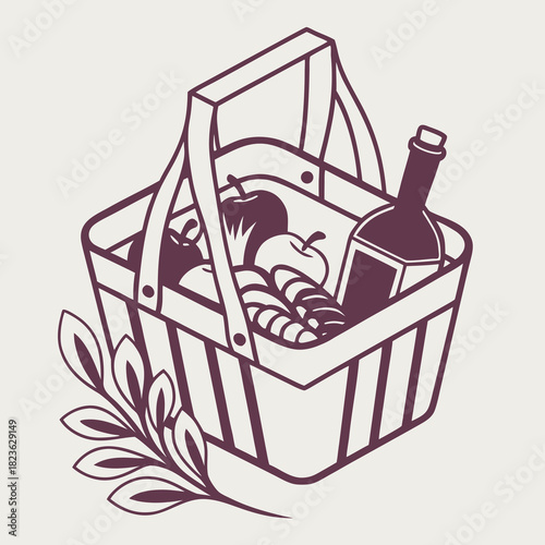 A charming line art illustration of a picnic basket filled with apples bread rolls and a bottle of wine adorned with a decorative branch