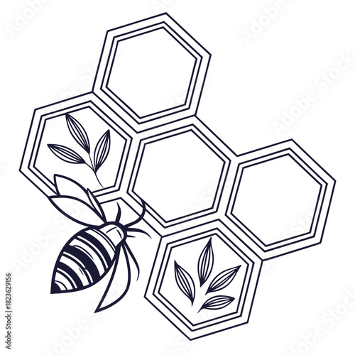 Stylized dark blue line art illustration of a bee flying near a honeycomb structure with decorative leaves inside some of the hexagonal cells on a white background