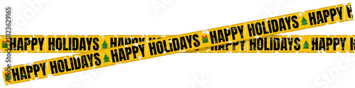 Yellow Caution Tape with Bold Black “Happy Holidays” Text – Festive Holiday Banner with Christmas Tree and Gift Icons and White Paint Splatter on Transparent Background