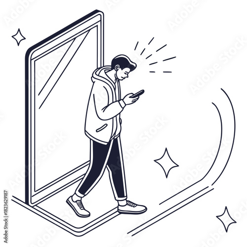 Young man engrossed in his smartphone walks out of a large digital screen symbolizing technology immersion and digital life