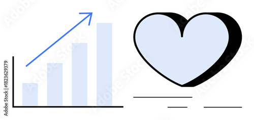 Bar chart with rising trend arrow next to a blue heart. Ideal for business growth, wellness, progress, empathy, success, healthcare, and emotional connection. Simple flat metaphor