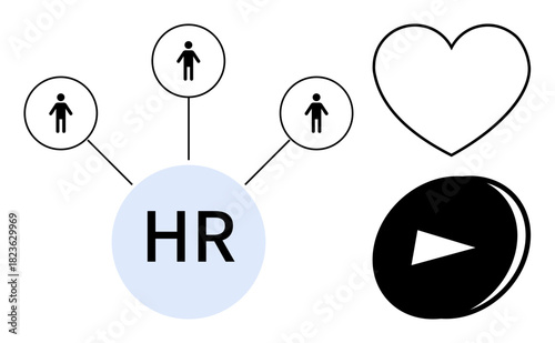 Central HR circle linked to people icons, heart, and play button. Ideal for human resources, recruitment, employee relations, productivity tools, organizational growth, workforce well-being