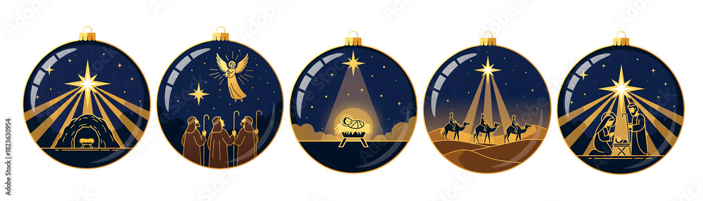 Naklejka premium Nativity scene with birth Jesus Christ on Christmas ornament ball set. Isolated cut illustration on transparent background with golden and dark blue colors