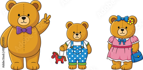 Set of three cute cartoon teddy bears in different outfits, vector illustration of toy characters for children's design and parties