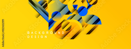 Abstract geometric shapes overlap yellow backdrop. Modern design elements create dynamic visual texture. Bright colors enhance composition.