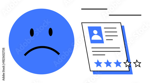 Sad face beside a profile card showing a 3-star rating with incomplete stars. Ideal for feedback, online reviews, dissatisfaction, assessment, criticism, rating systems, and emotions. A simple flat