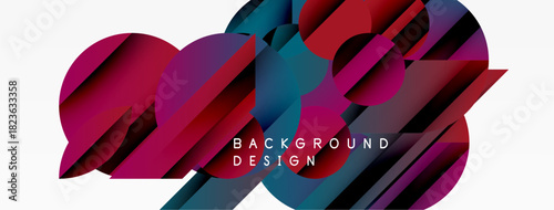 Abstract geometric shapes overlap, creating dynamic visual effect. Red, blue hues dominate composition. Text reads background design.