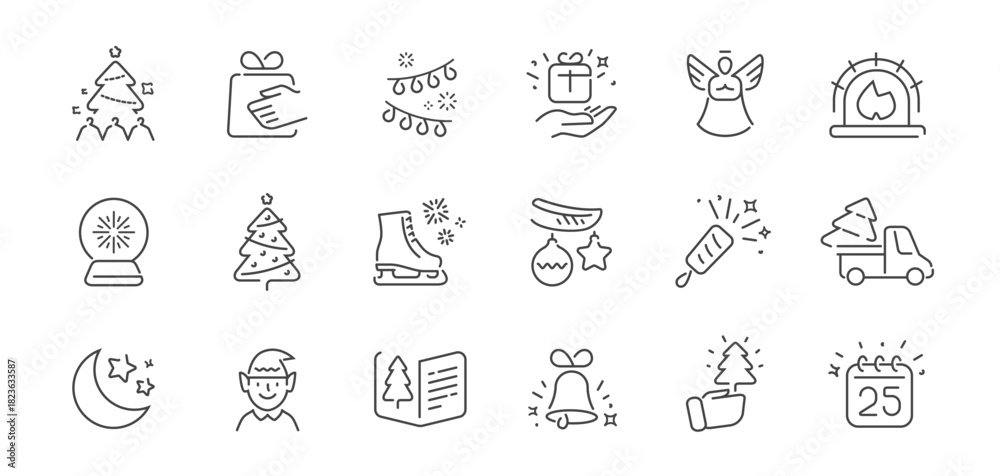 Fototapeta premium Christmas icons set. Winter holidays decoration linear symbols set. New Year celebration concept. Vector illustration