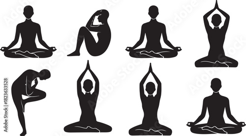 Black yoga silhouettes show various poses on a transparent background, promoting fitness and relaxation