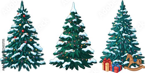 Set of three decorated Christmas fir pine trees with snow, colorful lights, ornaments, presents, and rocking horse vector