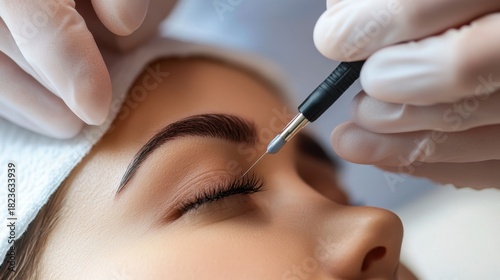 Permanent makeup procedure close-up with gloved hands and needle working on eyelid of relaxed client
