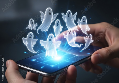 Glowing ghosts emerging from smartphone screen, digital spooky halloween concept