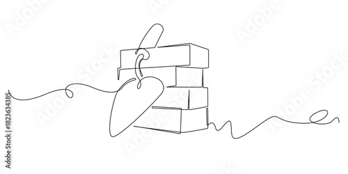 Continuous line drawing of bricks and a trowel. Minimalist single-line illustration representing construction tools, masonry work, building materials, renovation concepts, and industrial themes.