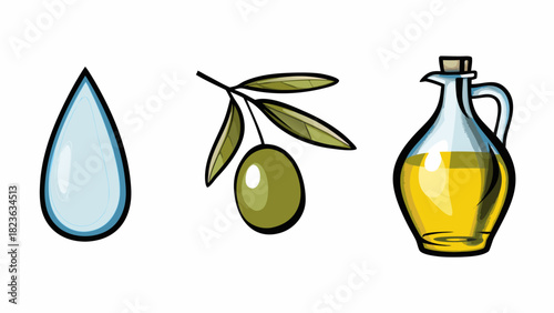 Olive oil concept featuring a drop, olive branch and a jar of golden oil, healthy cooking ingredient