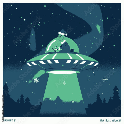 Green alien in Santa hat flying a UFO over a snowy forest at night with northern lights.