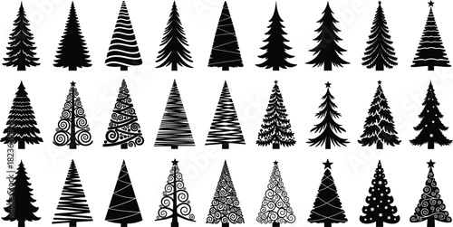 Vector Silhouette Set of Christmas Trees in Diverse Decorative Styles, Including Pine Needles, Abstract Lines, Swirls, and Stars, Ideal for Holiday and Winter Designs