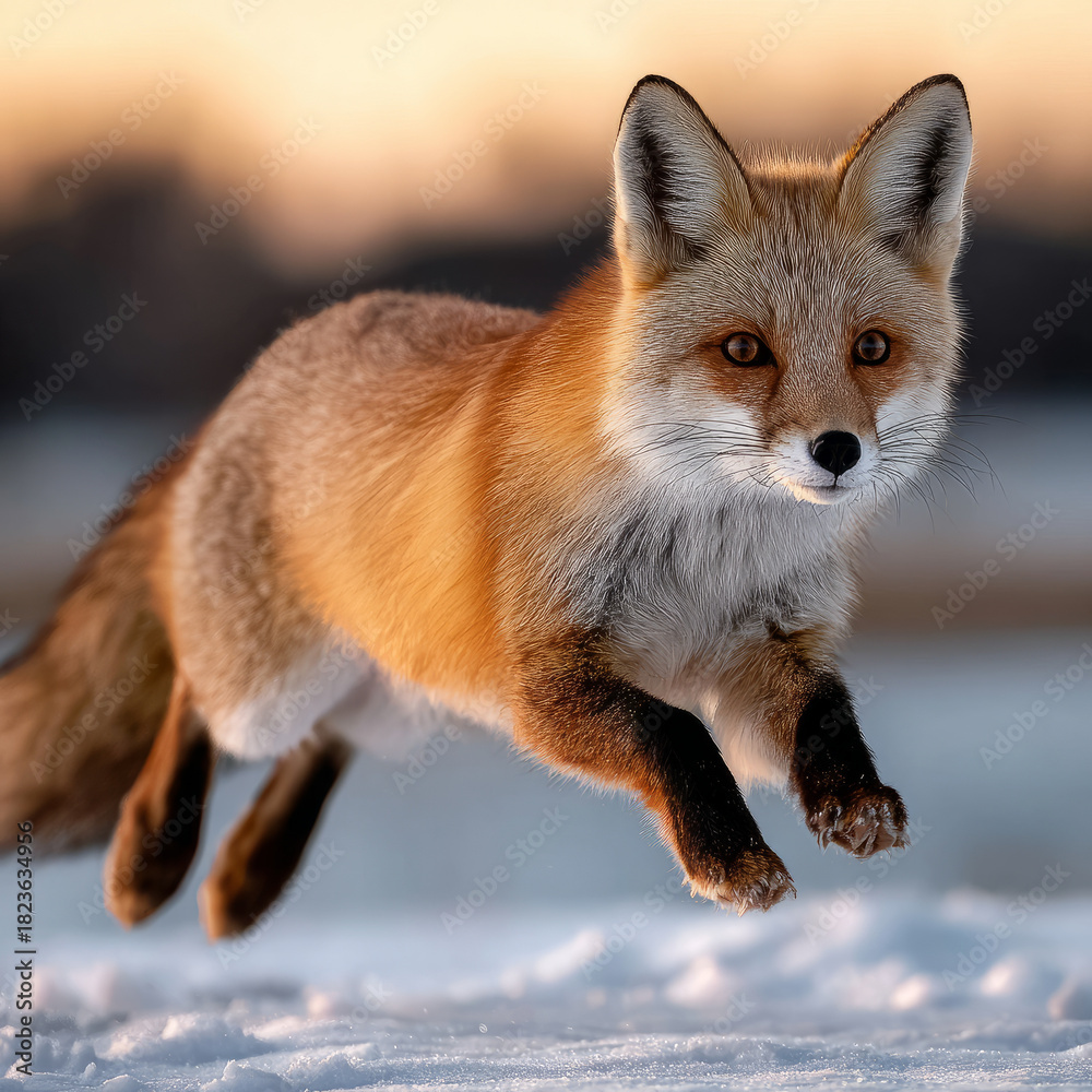 Obraz premium A fox running swiftly across a snowy landscape.