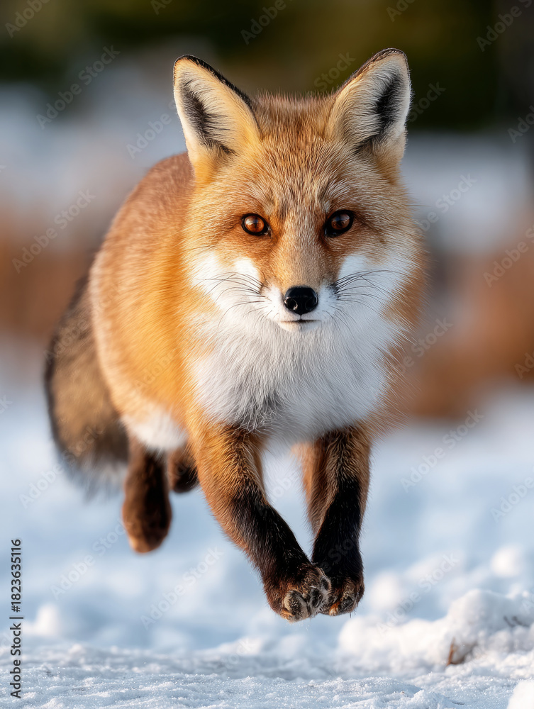 Obraz premium Close-up of a fox running through the snow in natural habitat.