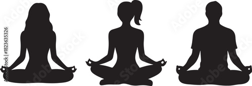 Three silhouettes of people in a meditative pose face the viewer with transparent background