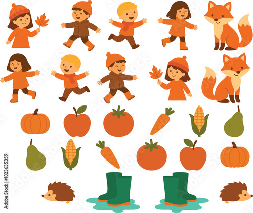 Jesienne dzieci, zwierzęta, owoce i warzywa 