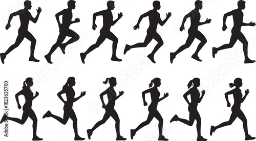 Run, set of running people, isolated vector silhouettes. Group of men and women runners