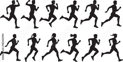 Run, set of running people, isolated vector silhouettes. Group of men and women runners