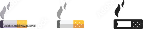 Cigarette smoking icon vector set. Tobacco cigarette with smoke, nicotine addiction. Health warning habit logo and bad habit. Modern flat and black style for UI, web, infographic and signage visuals