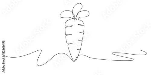 Continuous line drawing of a carrot.single line illustration suitable for organic food themes, fresh produce, farming, healthy eating, vegetable icons, nutrition concepts, and culinary design.