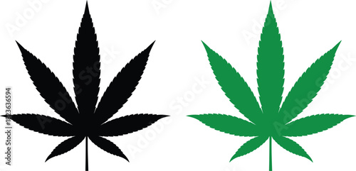 Black Silhouette and Green Outline Vector Icons of the Cannabis Marijuana Leaf, Representing CBD Products, Medical Hemp, Herbal Medicine, and Dispensary Concepts
