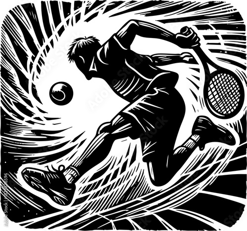 Speed and Power: Tennis Player in Dynamic Mid-Air Stroke. Black and white woodcut art capturing the intense motion and focus of the athlete, suitable for sport design.
