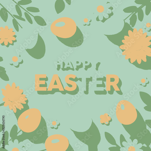 Happy Easter greeting card with a festive design of eggs, flowers, and leaves on a pastel green background.