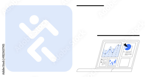 Minimalist running figure next to a laptop displaying fitness metrics thumbs up charts and data visualizations. Ideal for health, sports, progress tracking, performance, data analysis, technology
