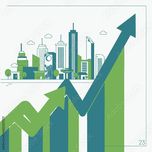 Illustration of a city skyline with two large upward-pointing arrows symbolizing urban growth and economic progress.
