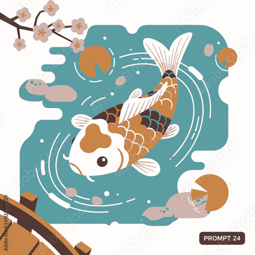A vibrant illustration of a koi fish swimming in a tranquil pond with cherry blossoms overhead.