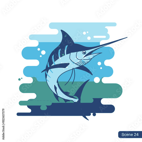 A stylized illustration of a marlin fish leaping out of the ocean water with a blue and green background.