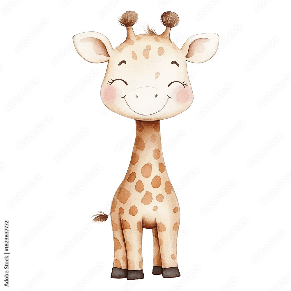 Fototapeta premium Adorable baby giraffe watercolor illustration isolated on transparent background smiling giraffe with closed eyes, perfect for nursery decor and baby shower invitations