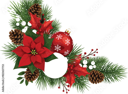 Vector Illustration of a Detailed Christmas Corner Arrangement Featuring Pine Branches, Red Poinsettia Flowers, Holly Berries, Pine Cones, and a Red Ornament for Holiday Design
