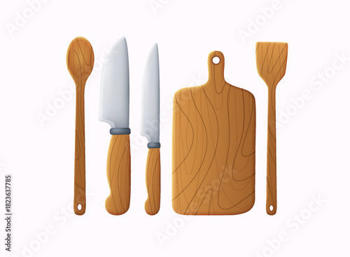 3D illustration of wooden kitchen utensils: cutting board, knives, spoon and spatula in soft pastel style. Perfect for cooking, recipes, food blogs, kitchen design and culinary projects.