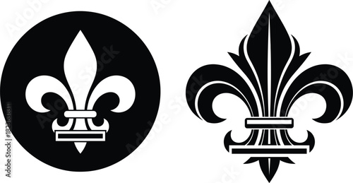 Black and White Vector Fleur-de-lis Symbol Icon Set, Representing French Royalty, Heraldry, History, Scouting, New Orleans Culture, and Elegant Decorative Emblems