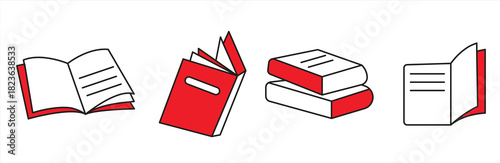 Book icons set in thin line style, representing various books, isolated on white background, vector illustration.