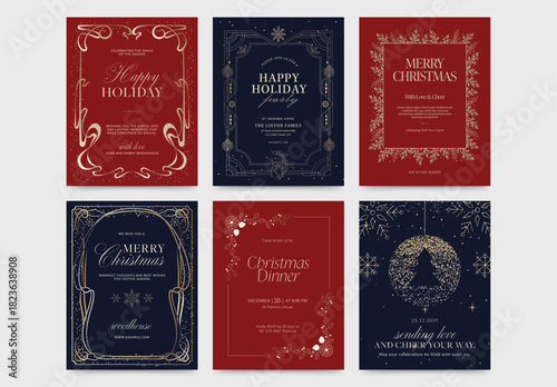 Luxury Christmas Invitation Greetings Card & Flyer Poster Set in Festive Red Gold Blue Hues with Elegant Retro Vintage Frames & Ornaments
