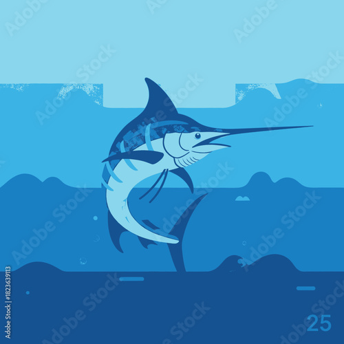 Illustration of a marlin fish swimming in the ocean with stylized waves and a blue color palette.