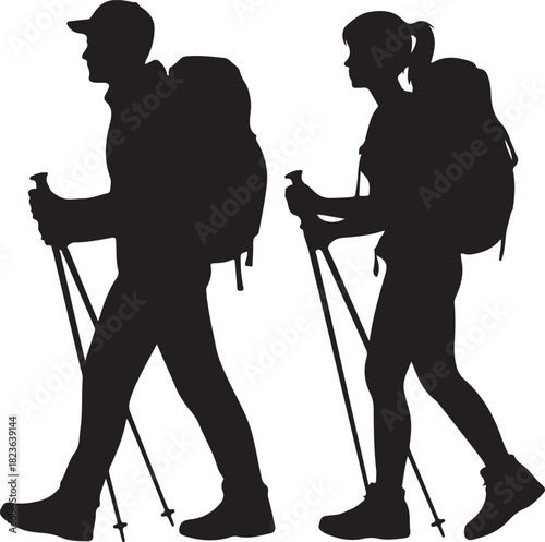 Silhouette of hikers man and woman with backpacks