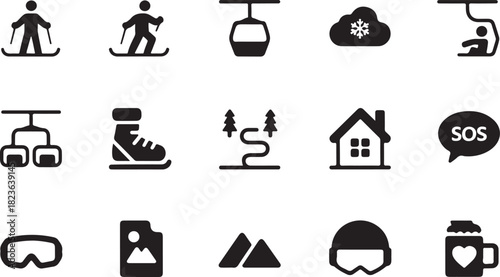 Ski resort icons black silhouettes