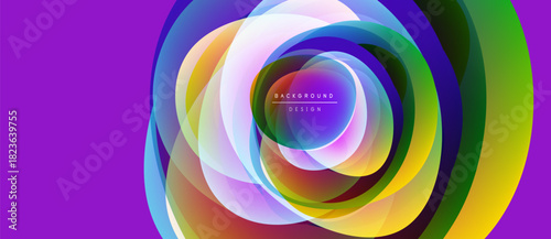 Abstract colorful layers create swirling vortex. Purple backdrop complements vibrant circular design. Modern, dynamic visual composition.