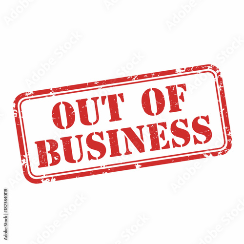 A red grunge rubber stamp with the text 'OUT OF BUSINESS' in capital letters on a white background, signifying closure or cessation of operations.